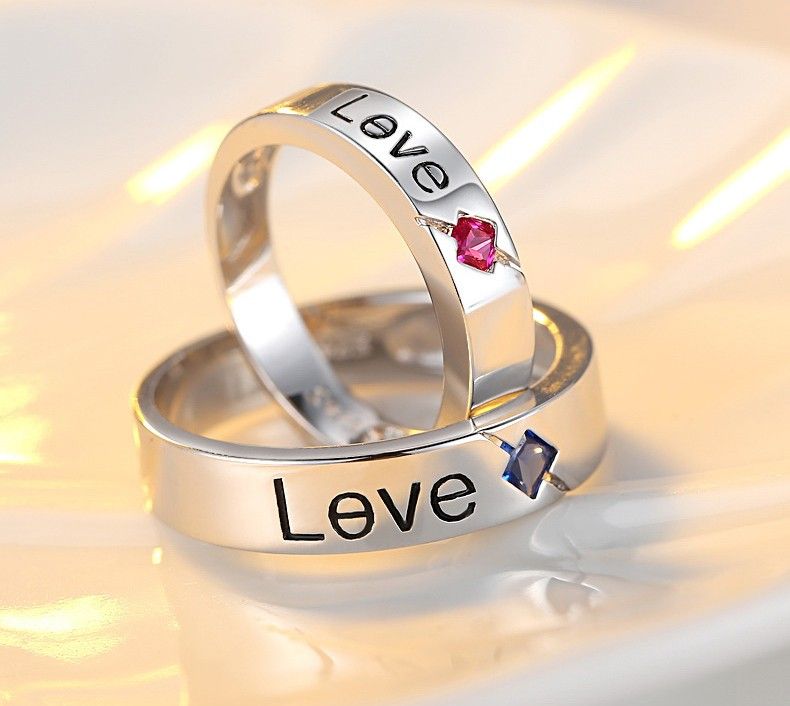 Creative Love Design Rouge Et Bleu Gemstone S925 Anneaux Couple Amoureux En Argent Sterling