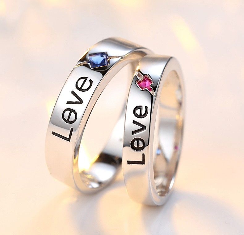 Creative Love Design Rouge Et Bleu Gemstone S925 Anneaux Couple Amoureux En Argent Sterling