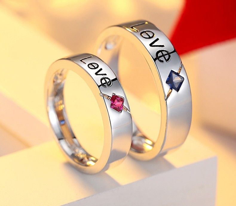 Creative Love Design Rouge Et Bleu Gemstone S925 Anneaux Couple Amoureux En Argent Sterling