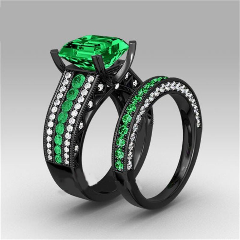 Europe Fine Jewelry Ensemble De Bague De Fiançailles En Zircon Cubique Vert Incrusté D'or Noir