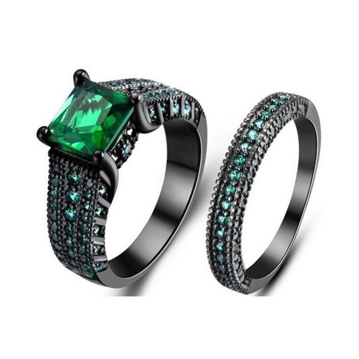 Europe De Luxe En Or Noir Incrusté De Carrés Verts Ensembles De Bague De Fiançailles CZ