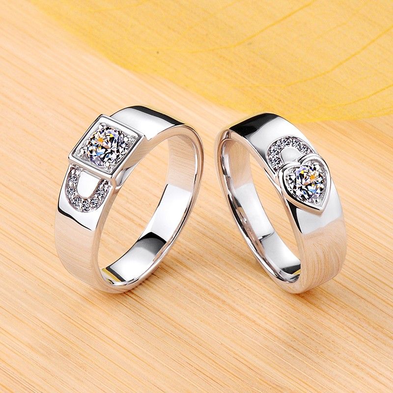 Lock Style 925 Sterling Silver Plated Platinum Promise / Wedding / Engagement Couple Ring