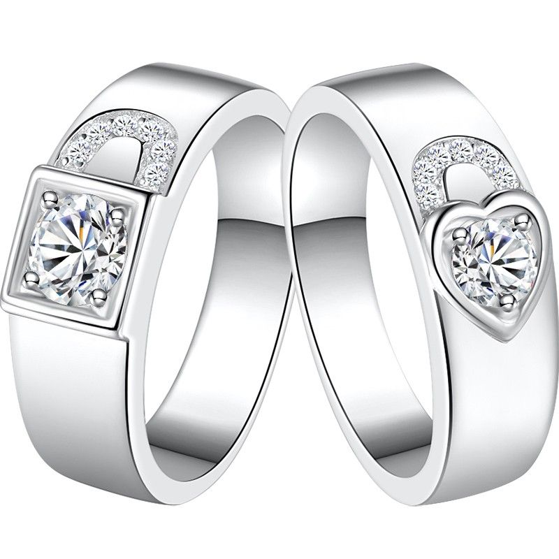 Lock Style 925 Sterling Silver Plated Platinum Promise / Wedding / Engagement Couple Ring