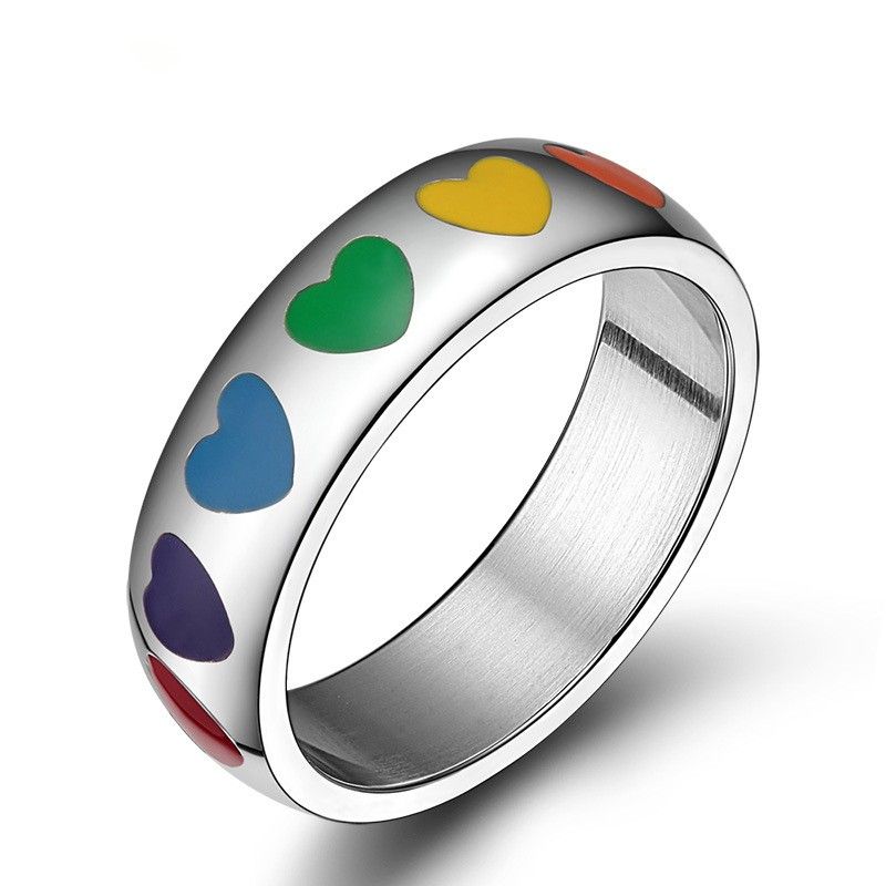 Mode Arc-en-ciel Amour Coeur Anneau Pour Les Femmes En Acier Inoxydable Couple Bijoux De Mariage Mignon Anneau En Forme De Coeur