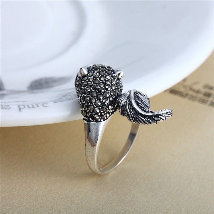 Nouvelle Bague D'ouverture Pour Femme En Argent Sterling 925 En Forme De Renard Incrusté De Pierres Précieuses Noires