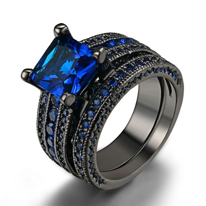 Qualité Environnementale Plaqué Cuivre Plaqué Or Noir Incrusté Bleu CZ Bague De Fiançailles Ensemble