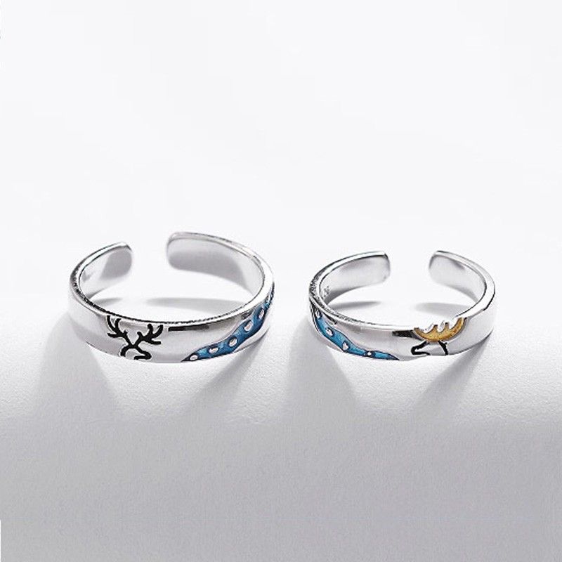 Romantic Creek And Deer S925 Anneaux De Couple Ajustables Pour Amoureux En Argent Sterling