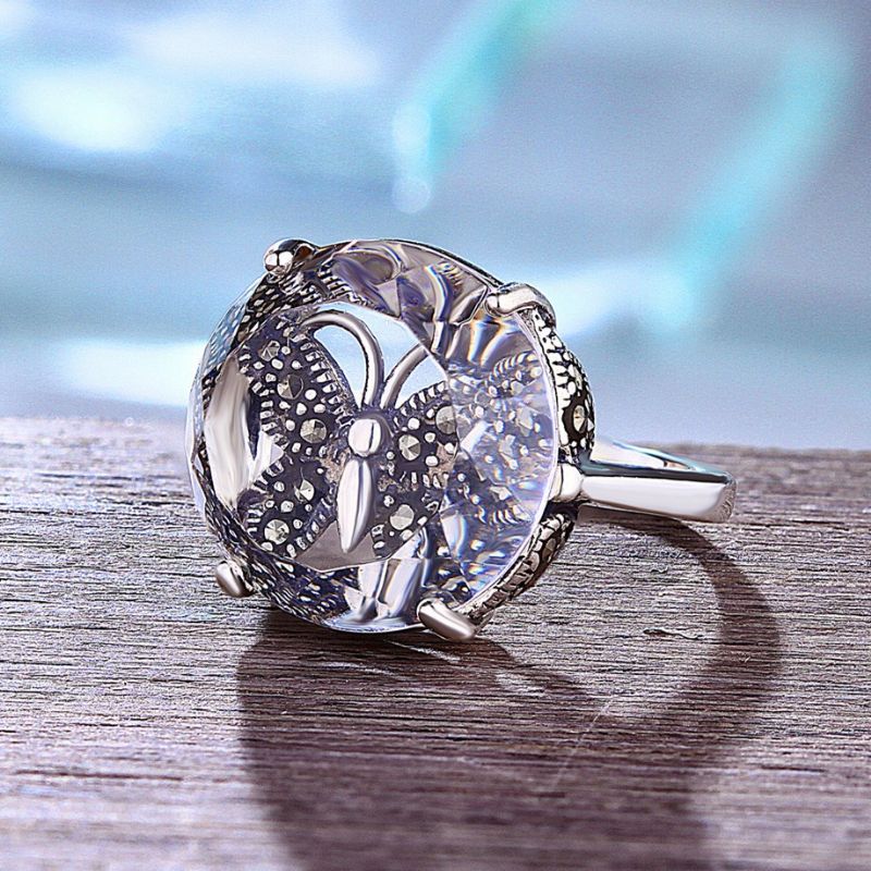 Romantique Butterfly Love S925 Bague En Cristal Blanc Naturel Incrusté En Argent Sterling