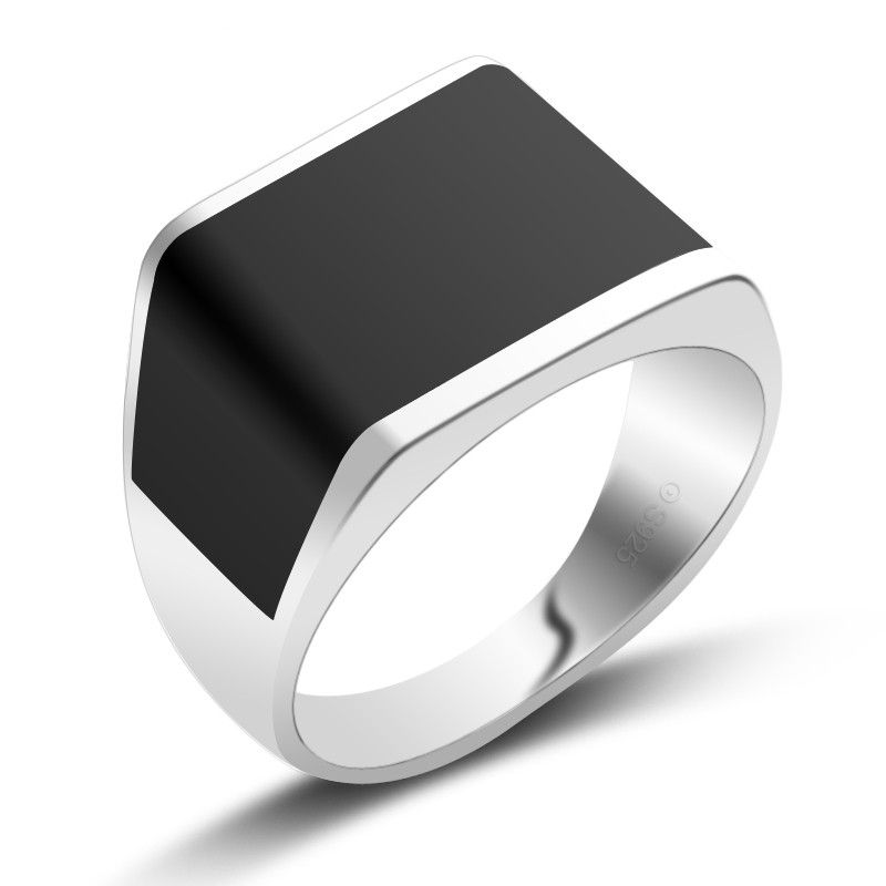 S925 Bague Carrée Onyx Argent Et Noir