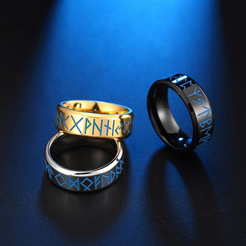 Trois Couleurs Noir Argent Or 8 Mm Viking Texte Totem Luminous Glow Titane Acier Bague Homme