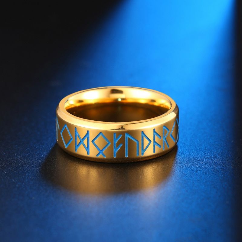 Trois Couleurs Noir Argent Or 8 Mm Viking Texte Totem Luminous Glow Titane Acier Bague Homme