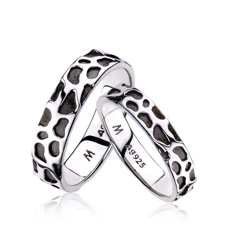 Wild Leopard Print 18k Plaqué Or Noir 925 Anneaux Couple Amoureux En Argent Sterling