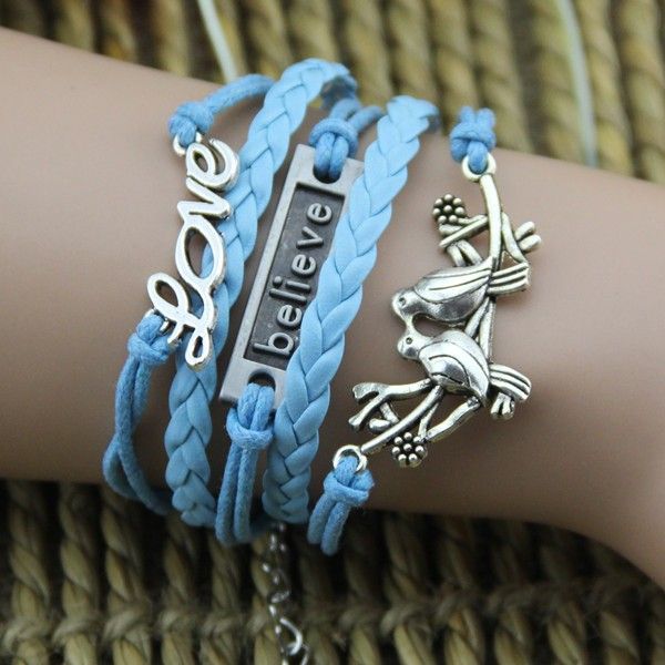 Assiette Couple Oiseaux Et Bracelet Femme Fait Main Corde Bleu Ciel "forever Love"