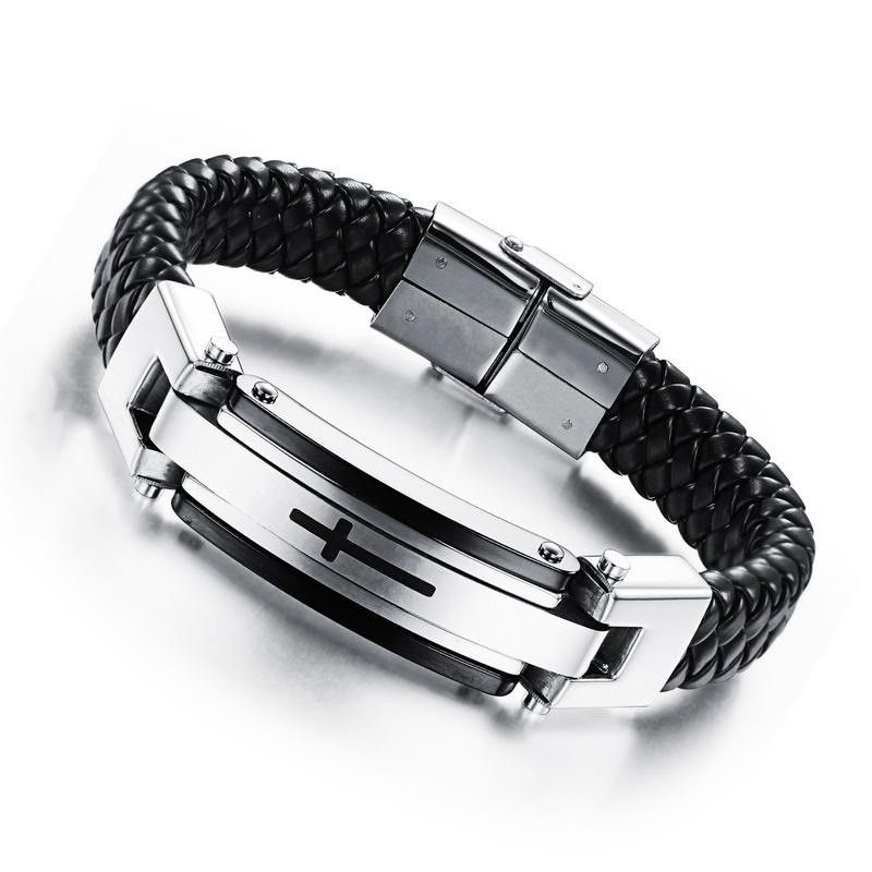 Bracelet De Ceinture À Breloques Croix À Graver Pour Homme En Cuir Et Titane