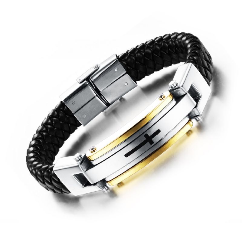 Bracelet De Ceinture À Breloques Croix À Graver Pour Homme En Cuir Et Titane