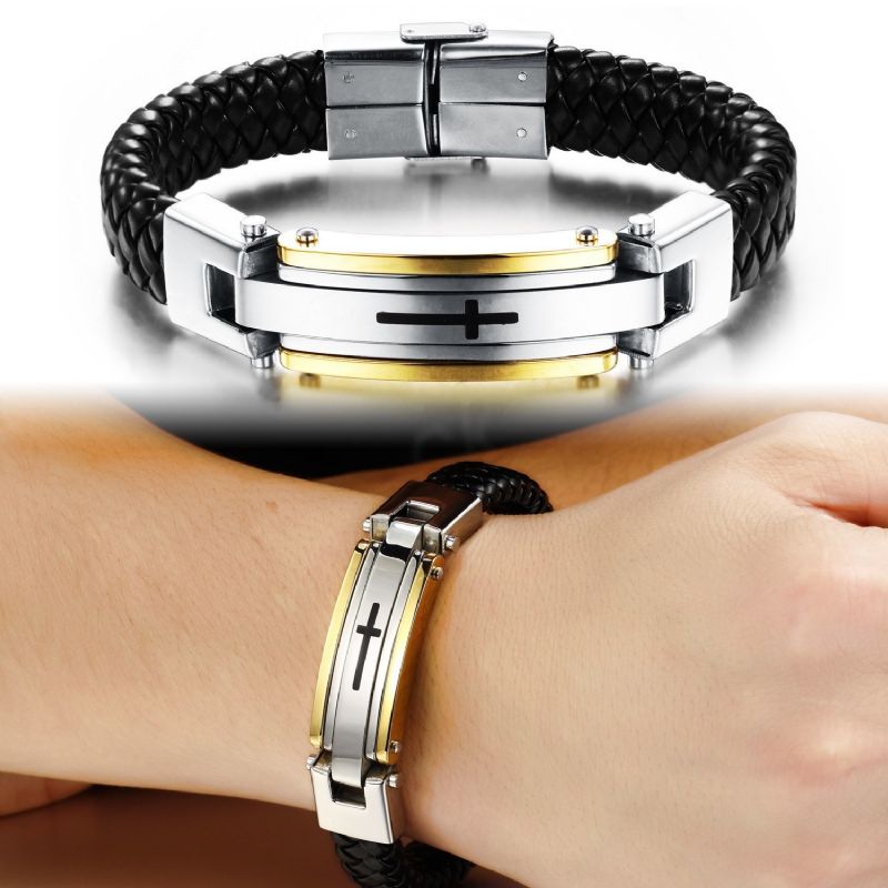 Bracelet De Ceinture À Breloques Croix À Graver Pour Homme En Cuir Et Titane