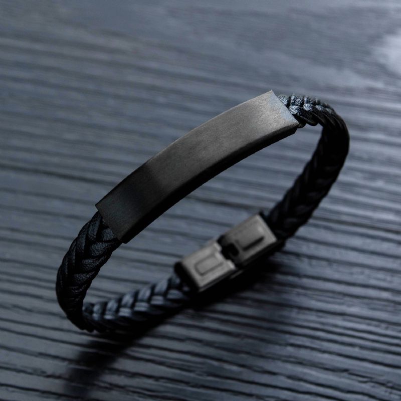 Bracelet Ceinture À Breloques Noir Gravable Pour Homme En Cuir Et Titane