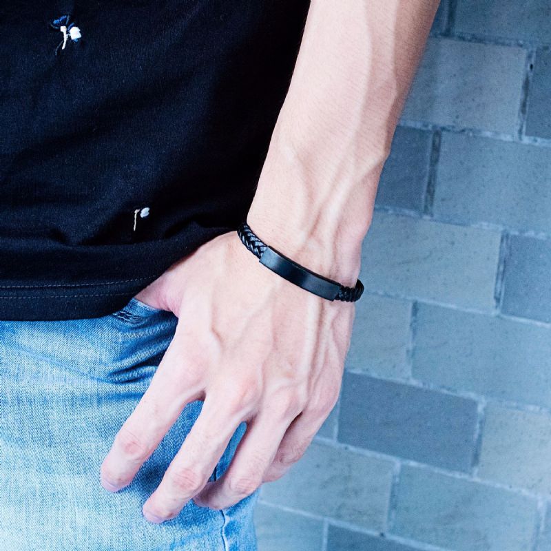Bracelet Ceinture À Breloques Noir Gravable Pour Homme En Cuir Et Titane