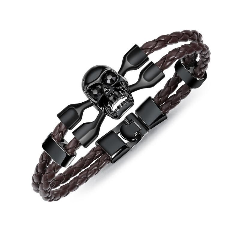 Bracelet De Ceinture En Cuir Double Avec Breloque Crâne Unique Pour Homme