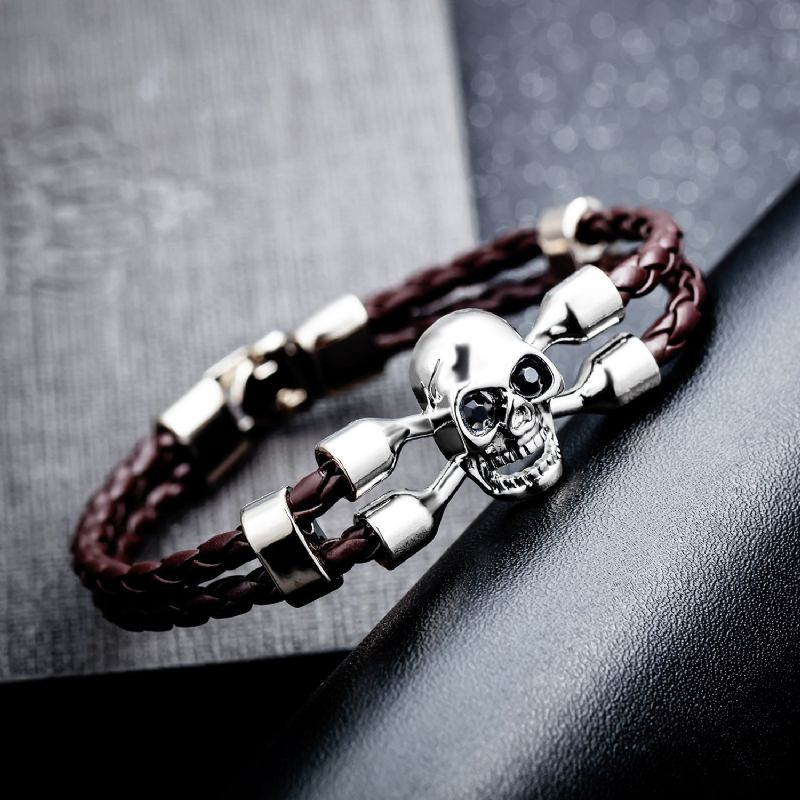 Bracelet De Ceinture En Cuir Double Avec Breloque Crâne Unique Pour Homme