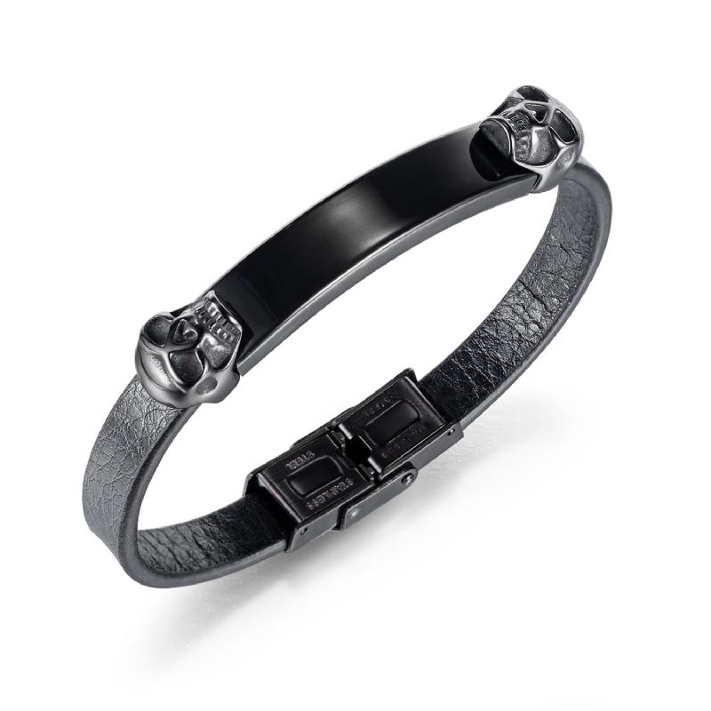 Bracelet De Ceinture En Cuir Noir Crâne Gravable Pour Homme