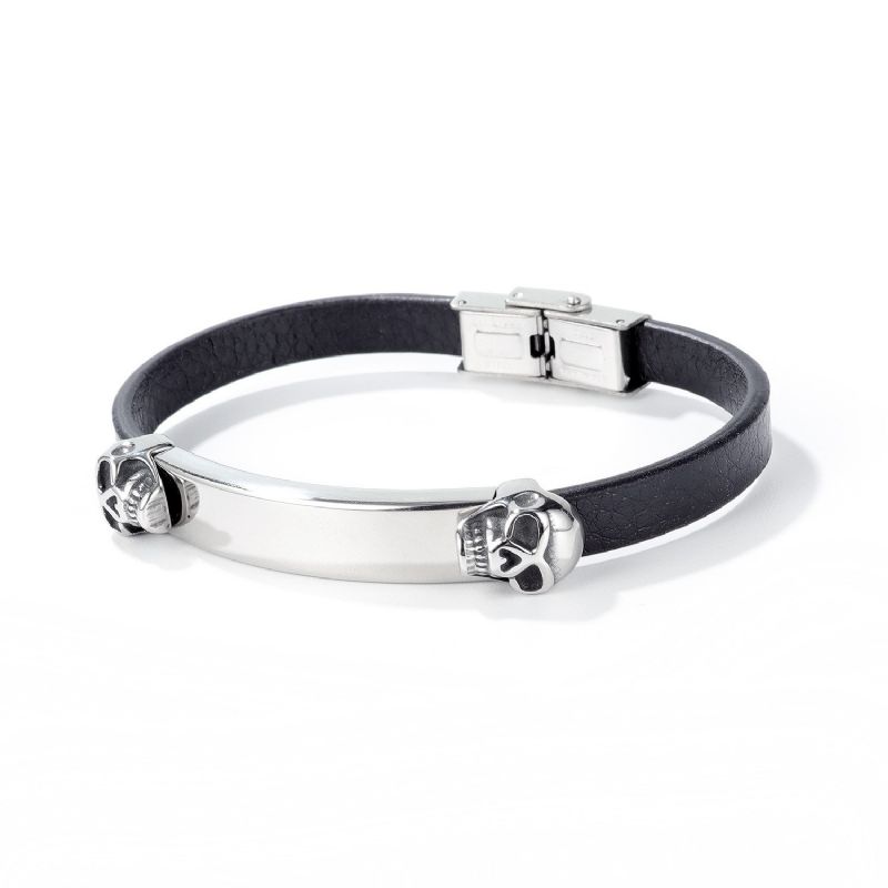 Bracelet De Ceinture En Cuir Noir Crâne Gravable Pour Homme