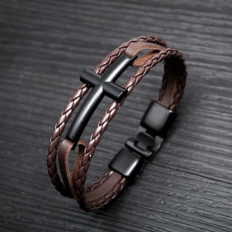 Bracelet De Ceinture En Cuir À Trois Brins Avec Breloque En Croix Unique Pour Homme