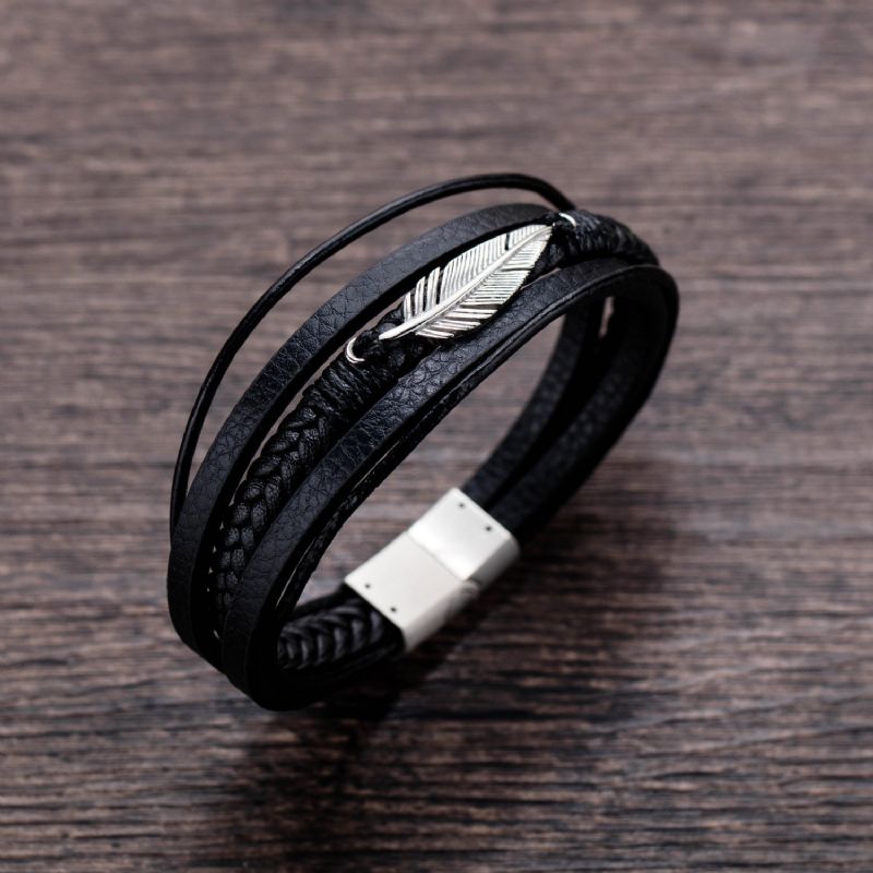 Bracelet De Ceinture En Cuir À Trois Brins Avec Breloque Plume Unique Pour Homme