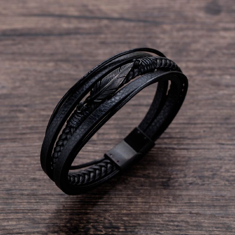 Bracelet De Ceinture En Cuir À Trois Brins Avec Breloque Plume Unique Pour Homme