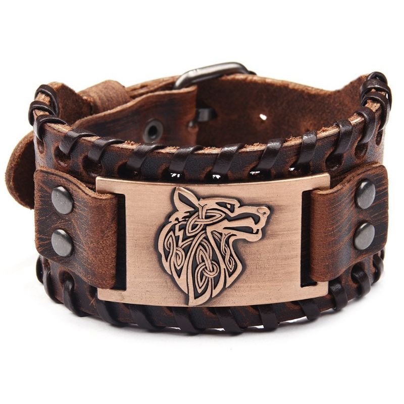 Bracelet De Ceinture En Cuir De Vache À Breloque Totem De Loup Unique Pour Hommes