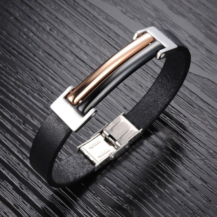 Bracelet En Cuir Geniune Pour Homme Avec Acier Inoxydable