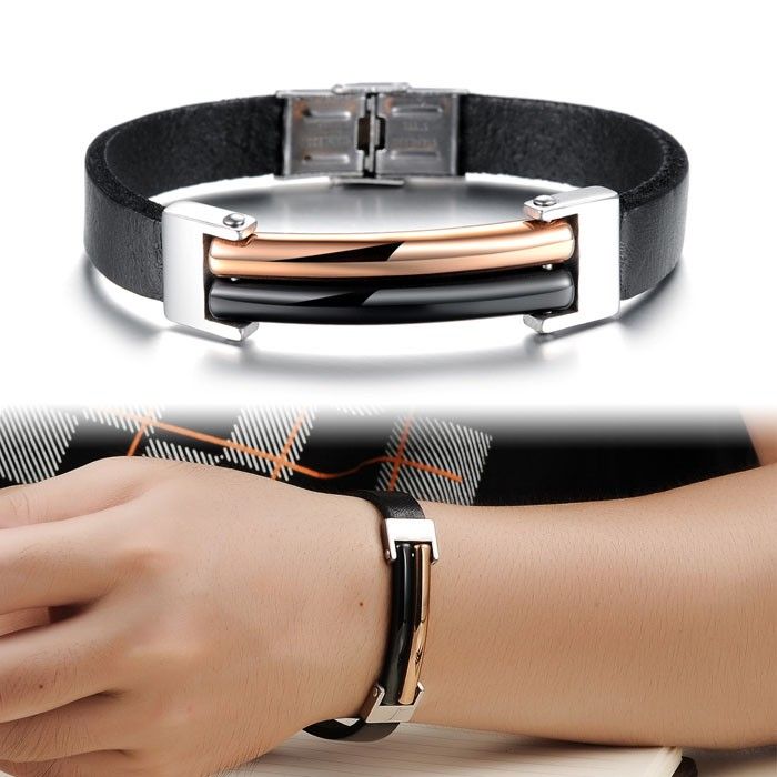 Bracelet En Cuir Geniune Pour Homme Avec Acier Inoxydable