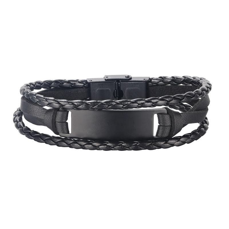 Bracelet En Cuir Noir Simple À Graver À Trois Brins Pour Homme