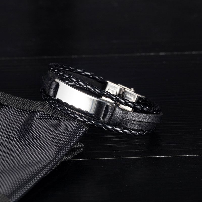 Bracelet En Cuir Noir Simple À Graver À Trois Brins Pour Homme