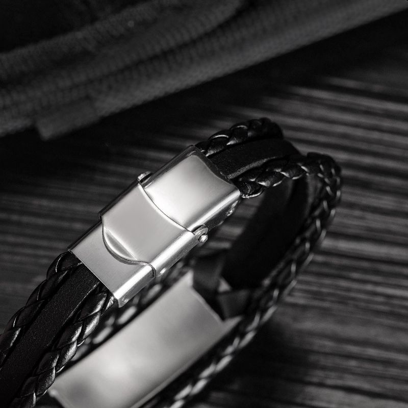 Bracelet En Cuir Noir Simple À Graver À Trois Brins Pour Homme