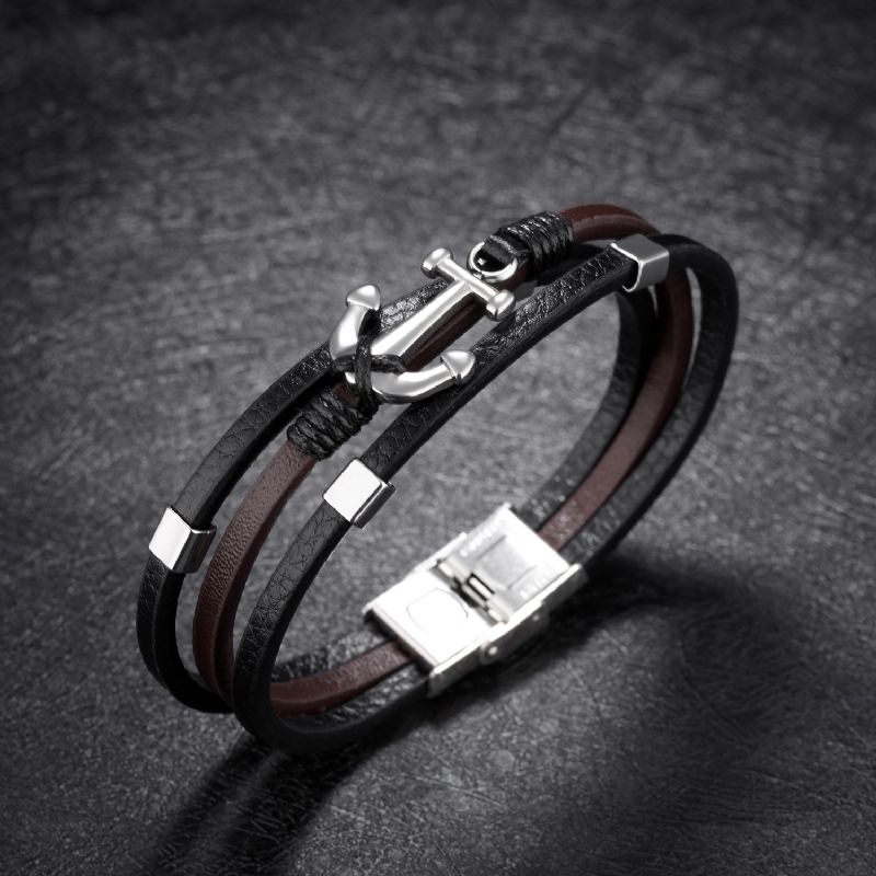 Bracelet En Cuir Unique À Trois Brins D'ancre Pour Homme