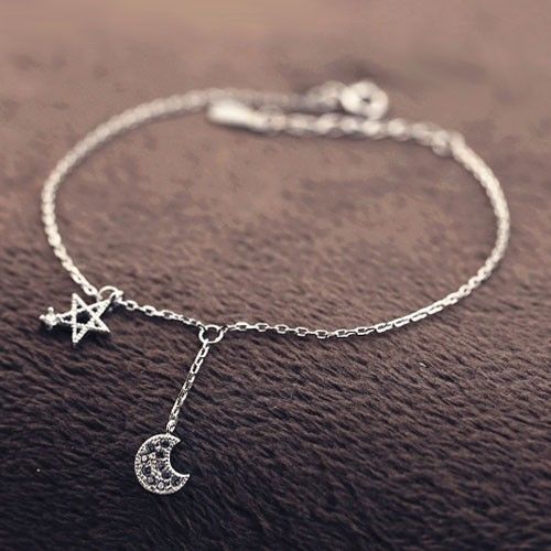 Bracelet Femme Lune Et Étoile Avec Zircon Cubique En Argent Sterling 925