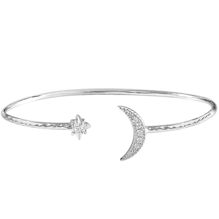 Bracelet Jonc Unique Soleil Et Lune Pour Femme En Argent Sterling