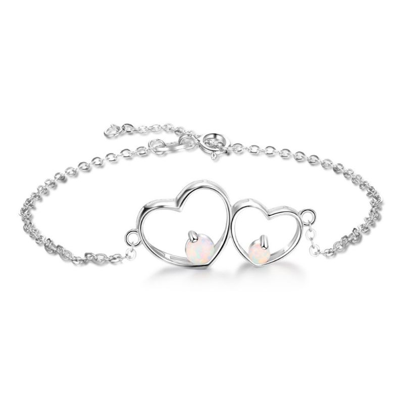 Bracelet Opale À Breloque Double Coeur Unique Pour Femme En Argent Sterling