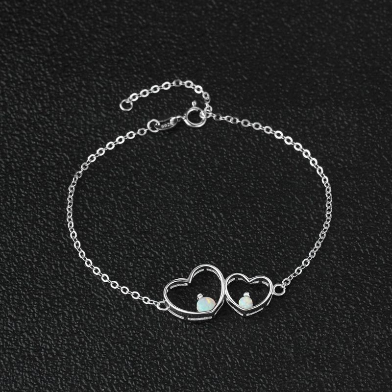 Bracelet Opale À Breloque Double Coeur Unique Pour Femme En Argent Sterling