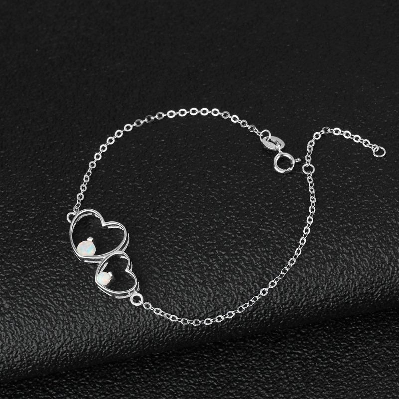 Bracelet Opale À Breloque Double Coeur Unique Pour Femme En Argent Sterling