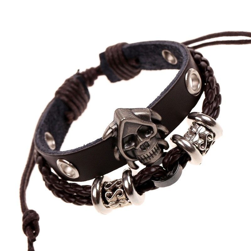 Bracelet Réglable En Cuir De Vache Avec Breloque Tête De Mort Pour Homme