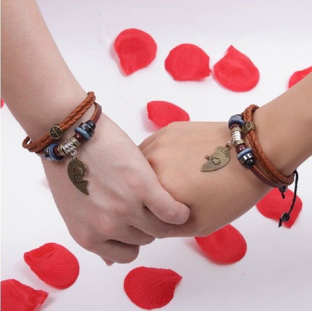 Bracelets En Cuir D'amant De Coeur De Style Punk "have Mutual Affinity" Match (prix Pour Une Paire)